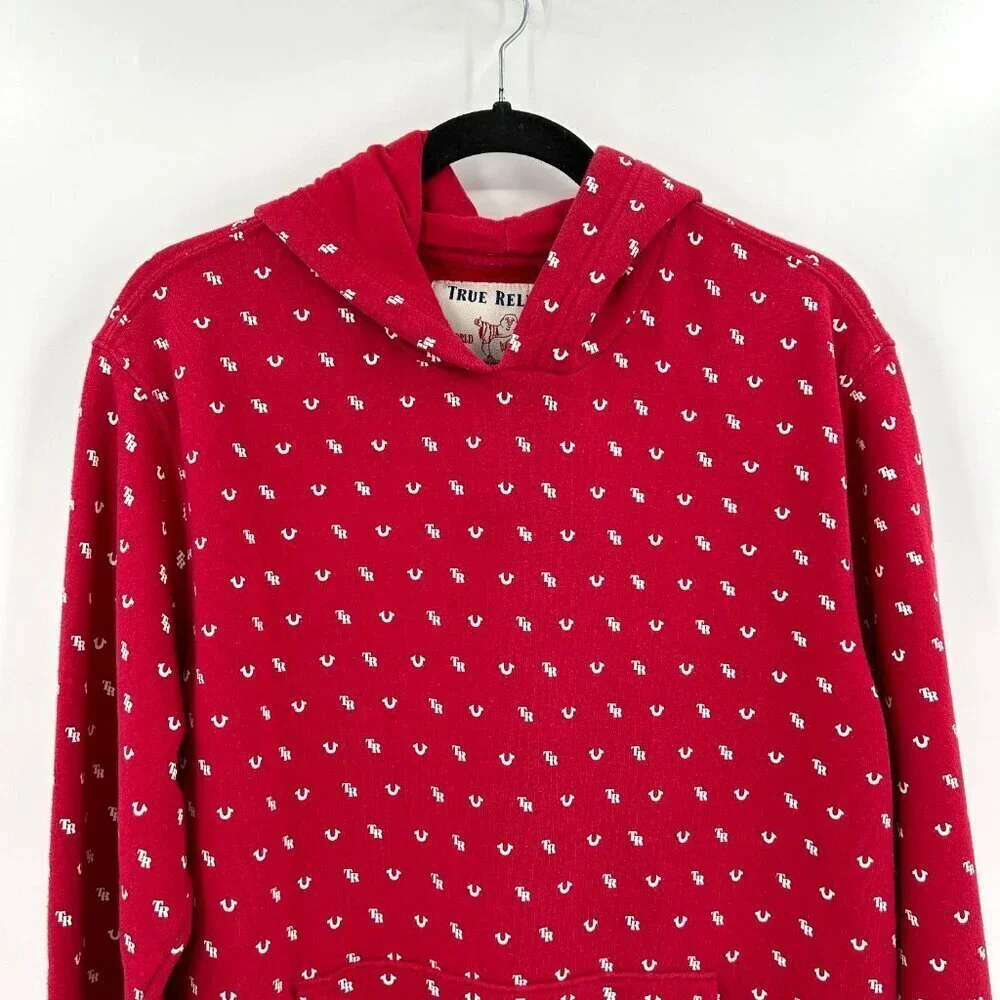 TRUE RELIGION Men's Red White Monogram TR Pullover Hoodie Sweater Size Large